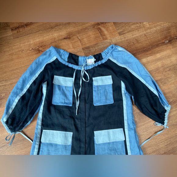 March 11 Eleven women’s 100% linen dress‎ LARGE patchwork blue peasant lagenlook - Picture 7 of 16